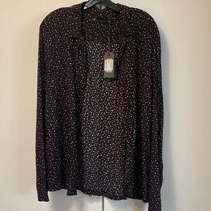 All Saints Black and White Burgundy Star Print Button Down Shirt